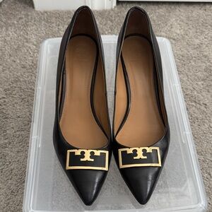 Tory Burch Black Heels with Gold Logo Accent